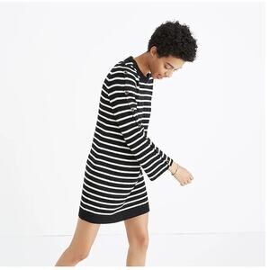 MADEWELL| Merino Wool Button-Sleeve Sweater Dress Black and White Stripe | Small